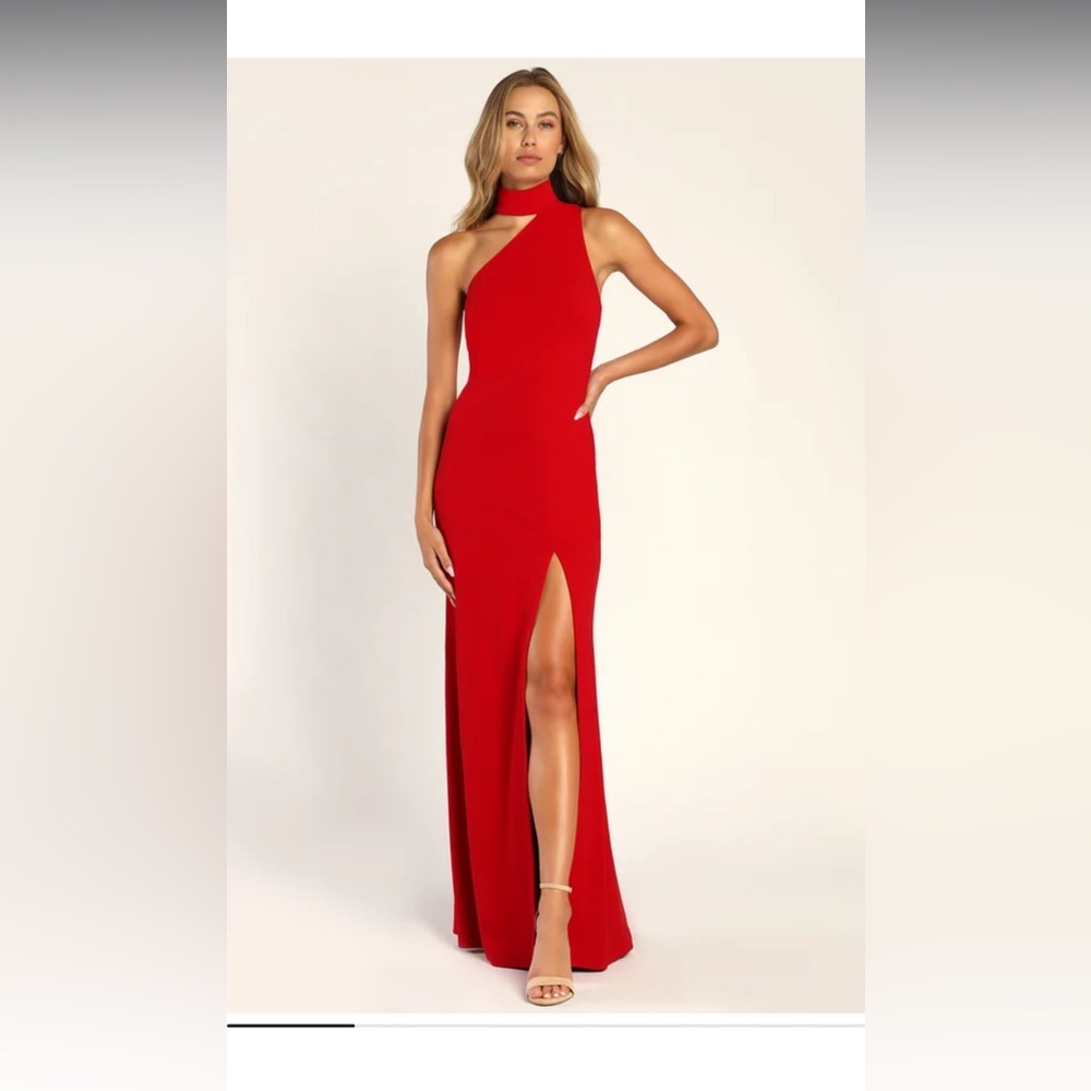 Lulu’s Keep It Interesting Red Asymmetrical Cutout Halter Maxi Dress in Red